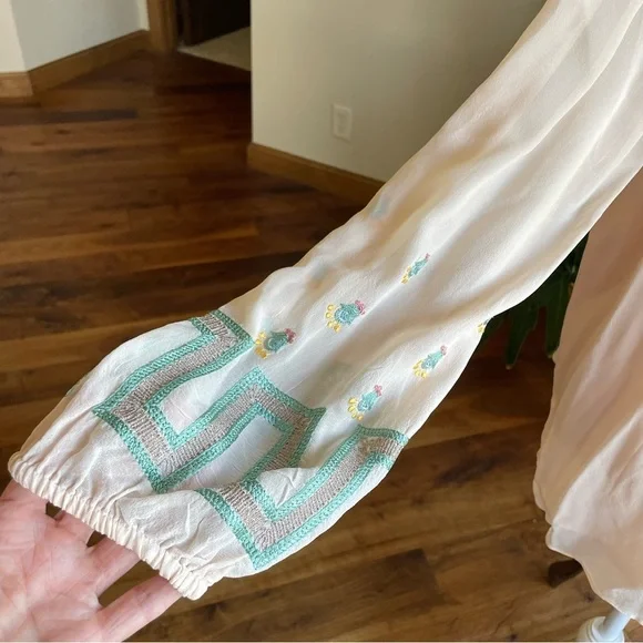 Sundance Embroidered Boho Silk Long Sleeve Peasant Blouse with Tie Neck - Picture 4 of 13